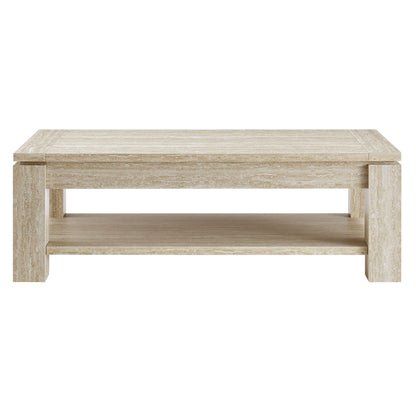 Light tan rectangular coffee table with a lower shelf and chunky square legs; travertine-style stone look.