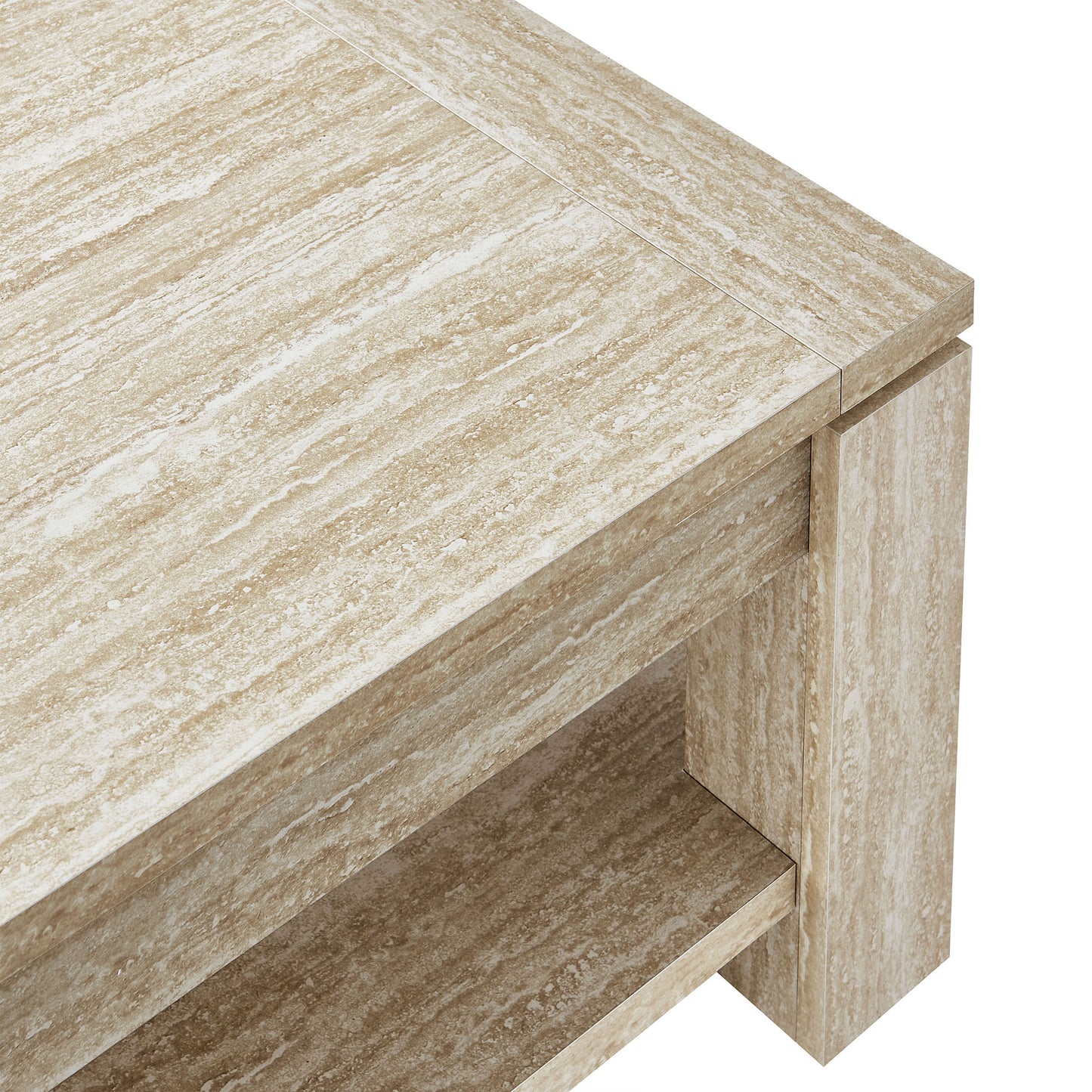 Light beige travertine-look coffee table with chunky legs & lower shelf.