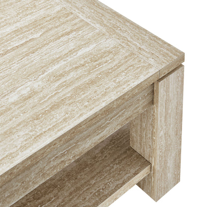 Light beige travertine-look coffee table with chunky legs & lower shelf.