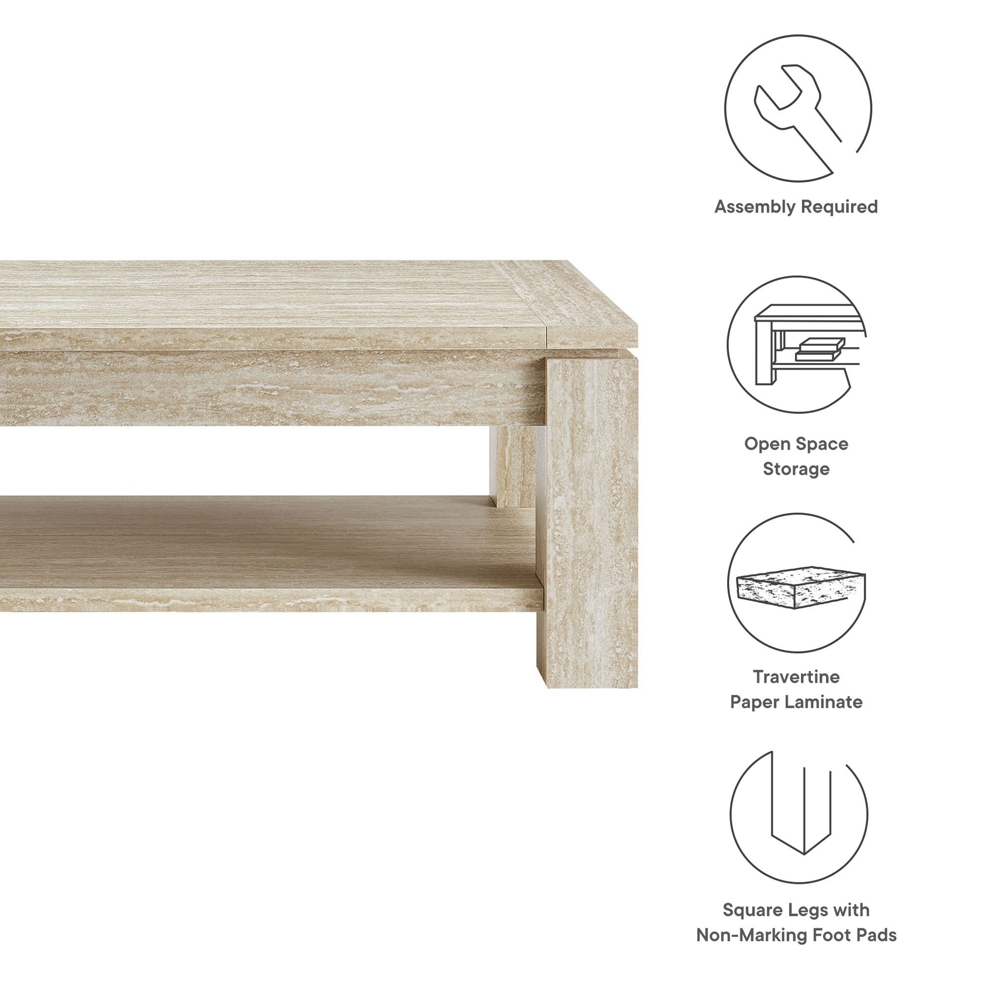 Light travertine laminate Hollis two-shelf coffee table with open storage and square legs