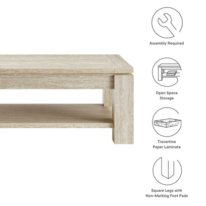 Light travertine laminate Hollis two-shelf coffee table with open storage and square legs