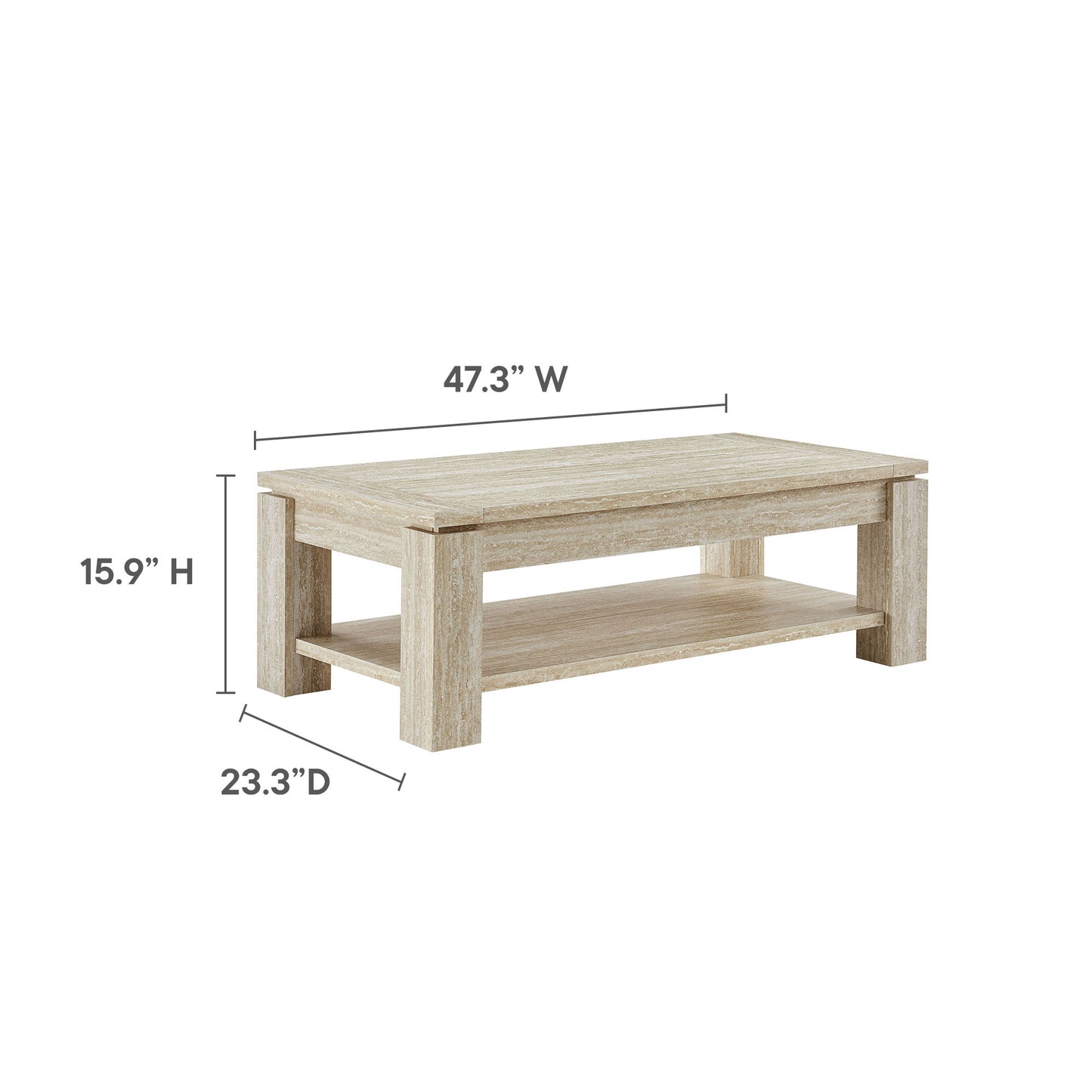 Travertine-toned coffee table with open lower shelf and chunky rectangular legs; 47.3"W x 23.3"D x 15.9"H.