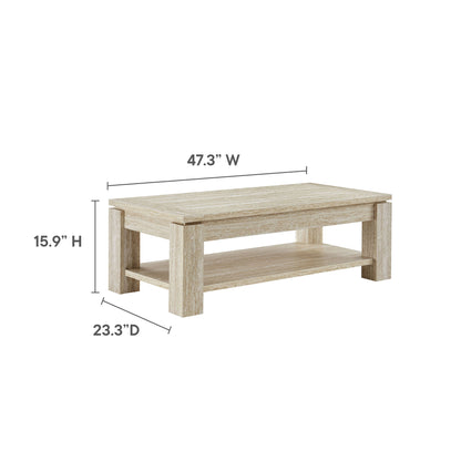 Travertine-toned coffee table with open lower shelf and chunky rectangular legs; 47.3"W x 23.3"D x 15.9"H.