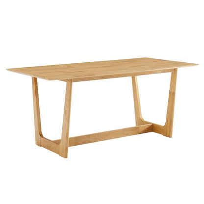 Natural wood dining table with a rectangular top and trestle-style angled legs connected by a lower crossbar.