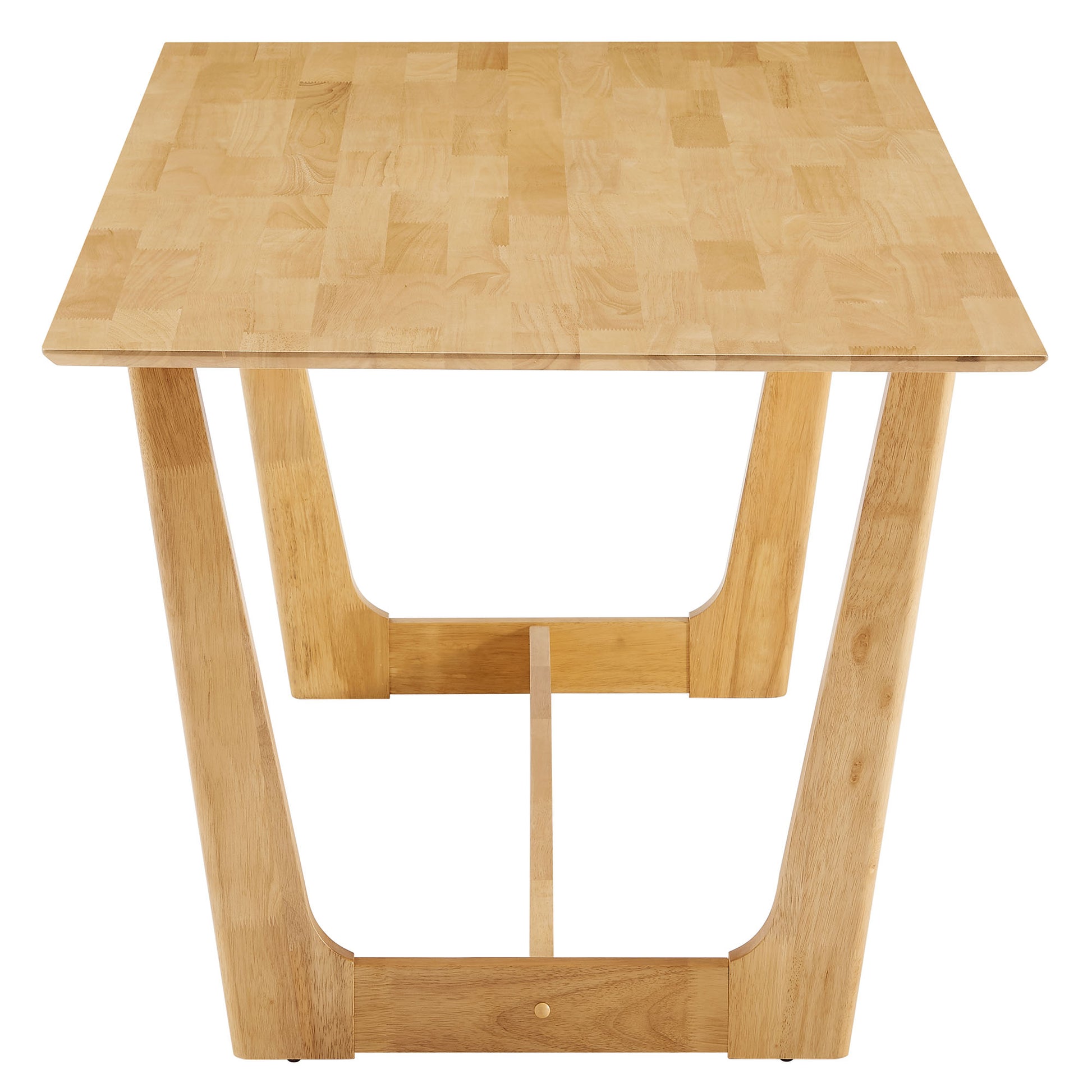 Natural wood rectangle butcher-block table with sculpted A-frame legs, modern dining or desk use.