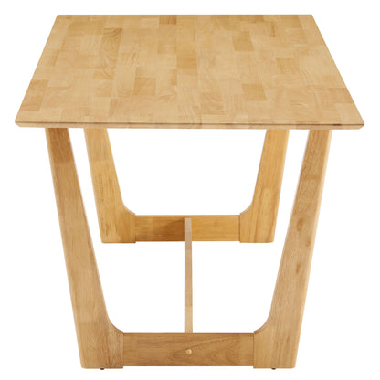 Natural wood rectangle butcher-block table with sculpted A-frame legs, modern dining or desk use.