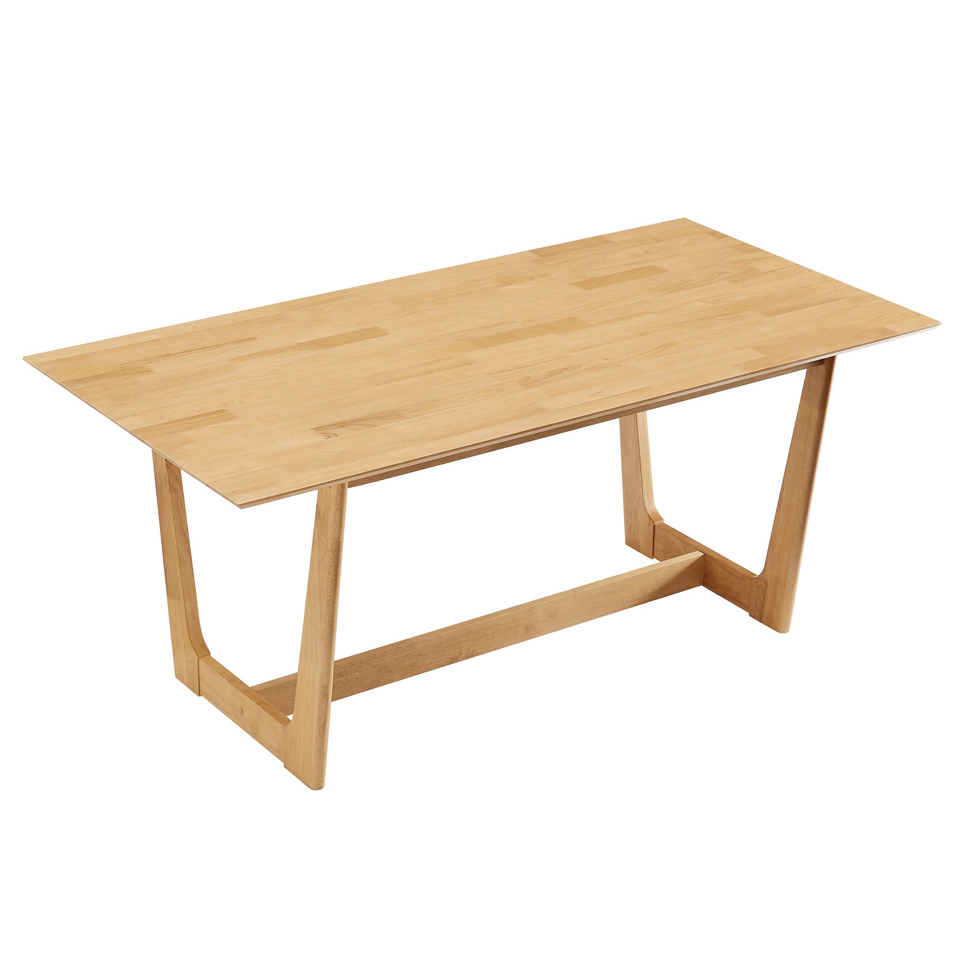 Natural wood rectangular dining table with angled trestle legs and lower support beam; butcher-block top.