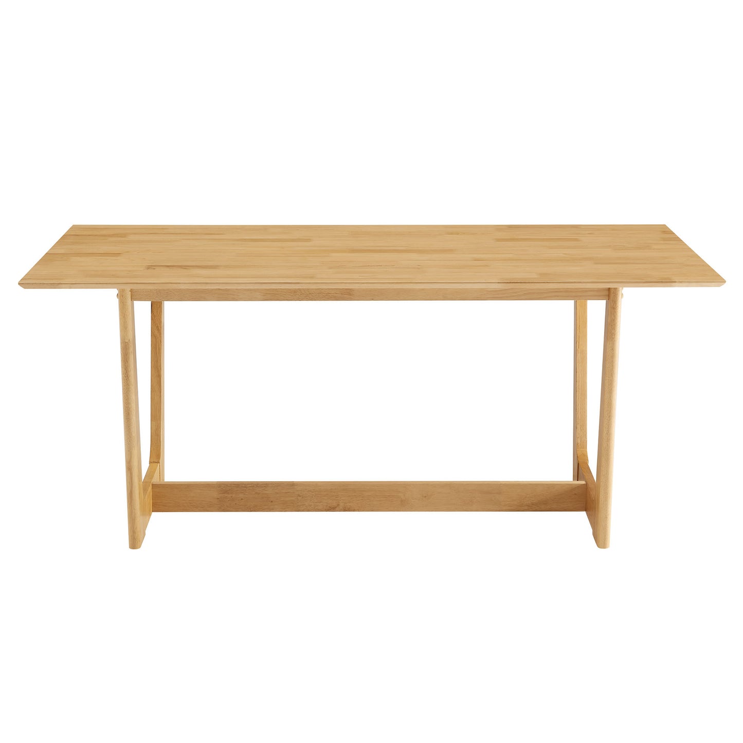 Natural wood rectangular dining table with light finish, slim straight legs and lower crossbar support.