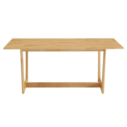 Natural wood rectangular dining table with light finish, slim straight legs and lower crossbar support.