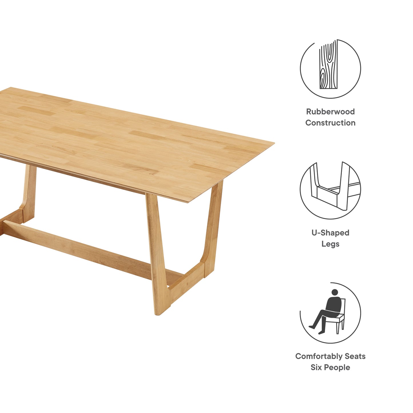 Natural rubberwood dining table with rectangular top and U-shaped legs; seats six.