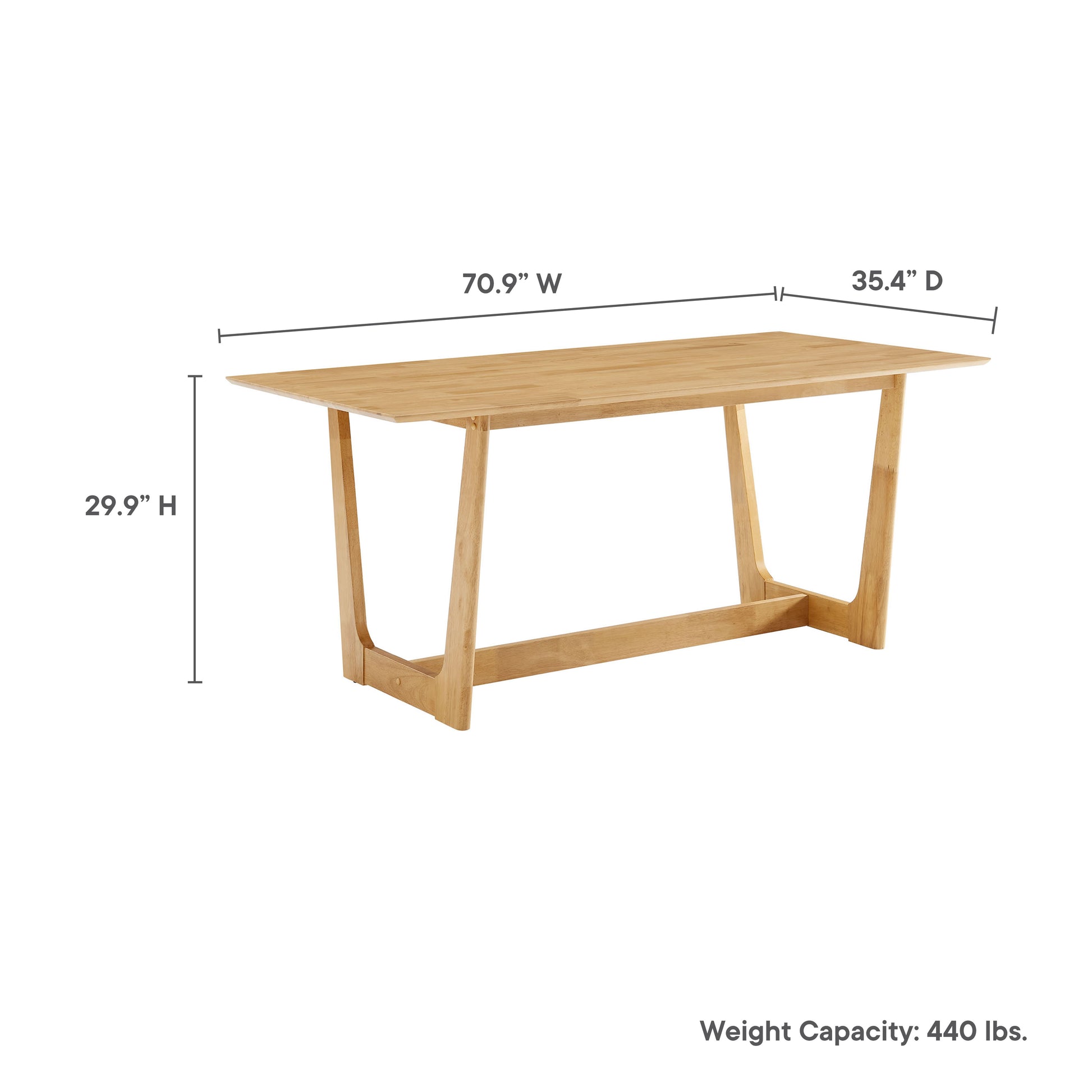 Natural wood dining table with rectangular top and trestle legs; 70.9W x 35.4D x 29.9H; rustic farmhouse style.