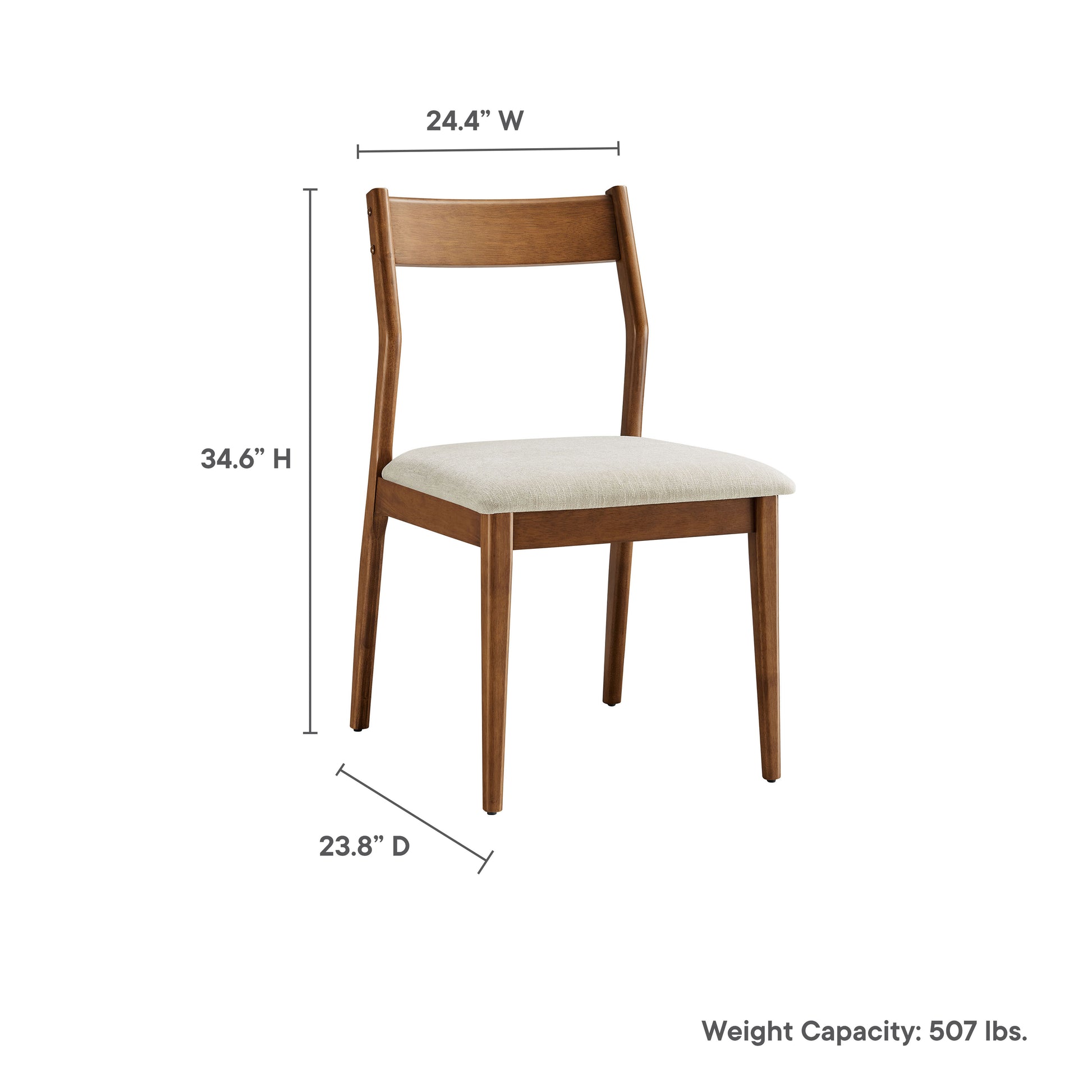 Walnut-finish wooden dining chair with beige upholstered seat; curved back, mid-century style, weight capacity 507 lbs.