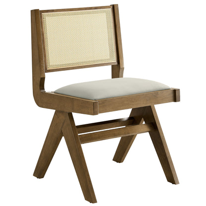 Pair of gray vegan leather and cane dining chairs with cane backs and cushioned seats; angled legs.