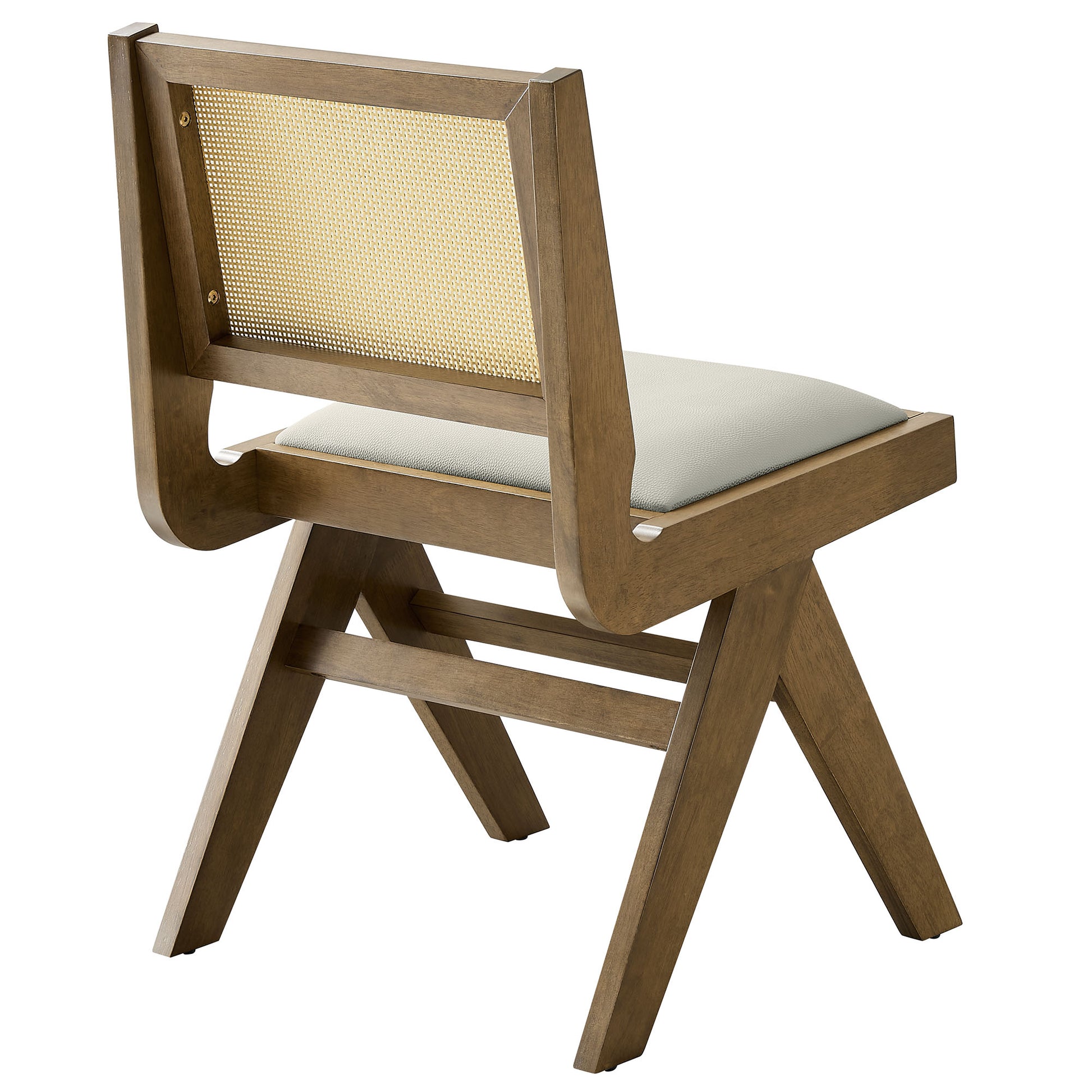 Gray vegan leather seat and caned back dining chair with angular crisscross legs; set of 2