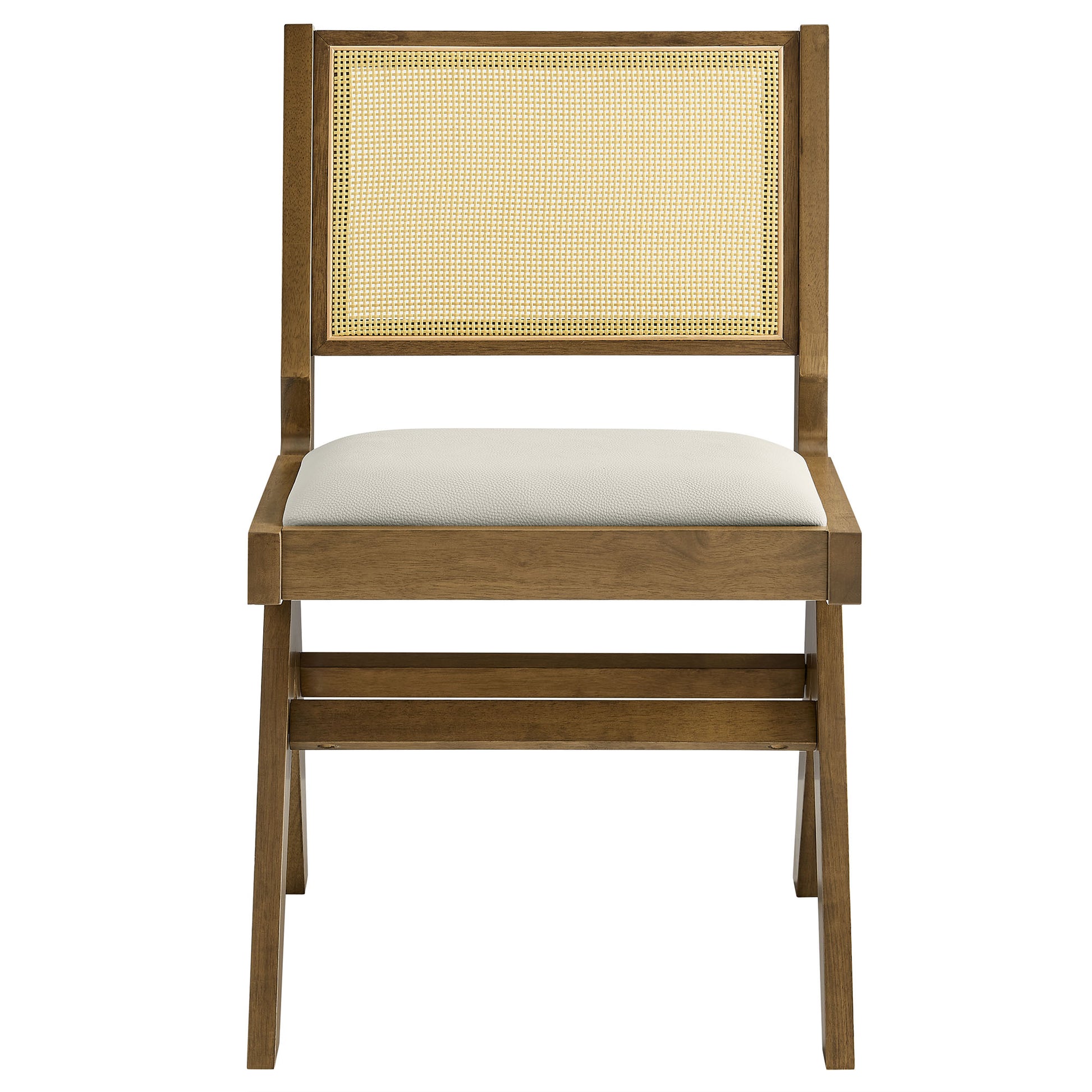 Pair of gray dining chairs with cane backs and vegan leather seats.