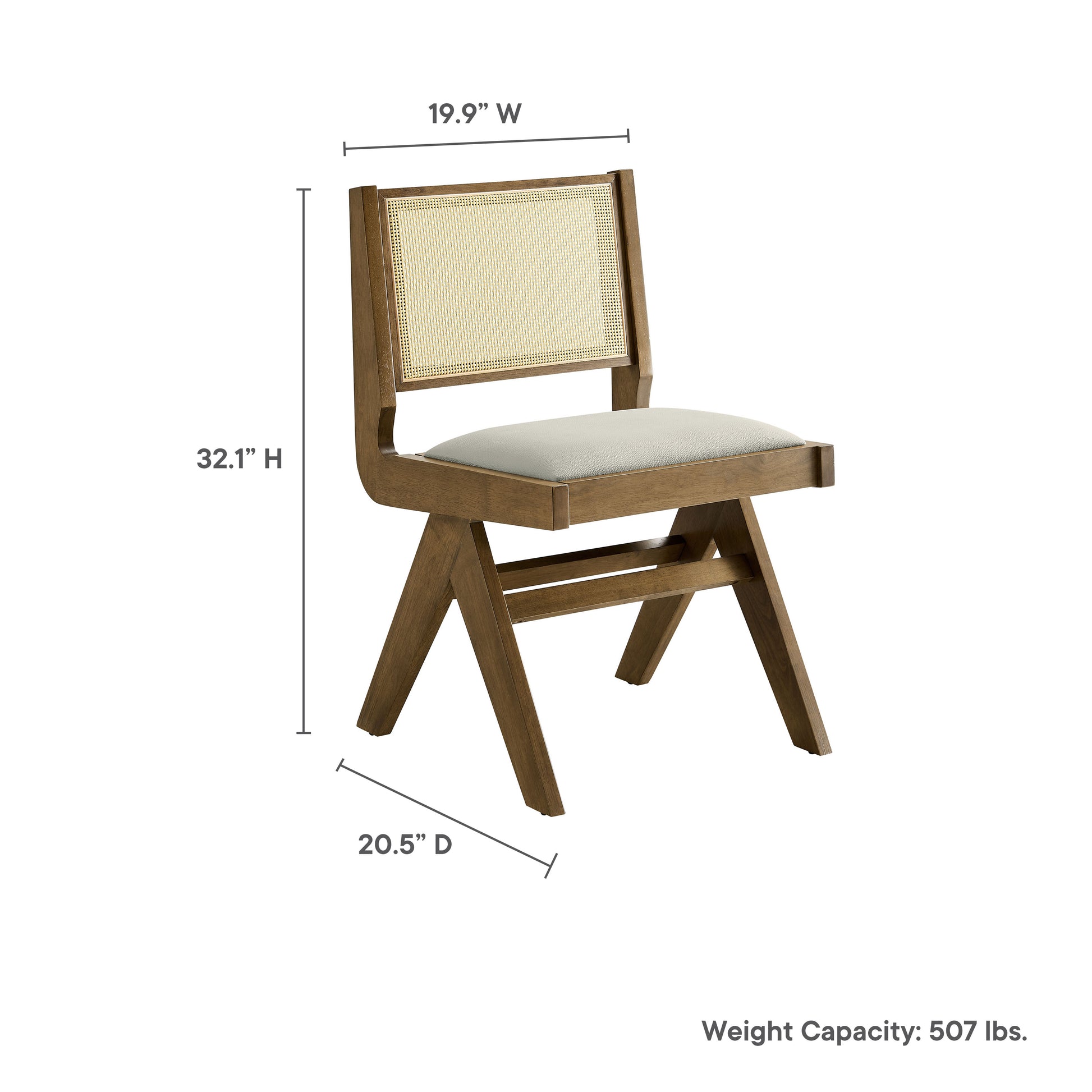 Cane-back dining chair with gray vegan leather seat, angled A-frame legs, 19.9W x 32.1H x 20.5D
