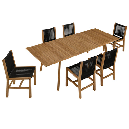 Outdoor patio teak dining table & rope-woven armless chairs, seven-piece dining set.