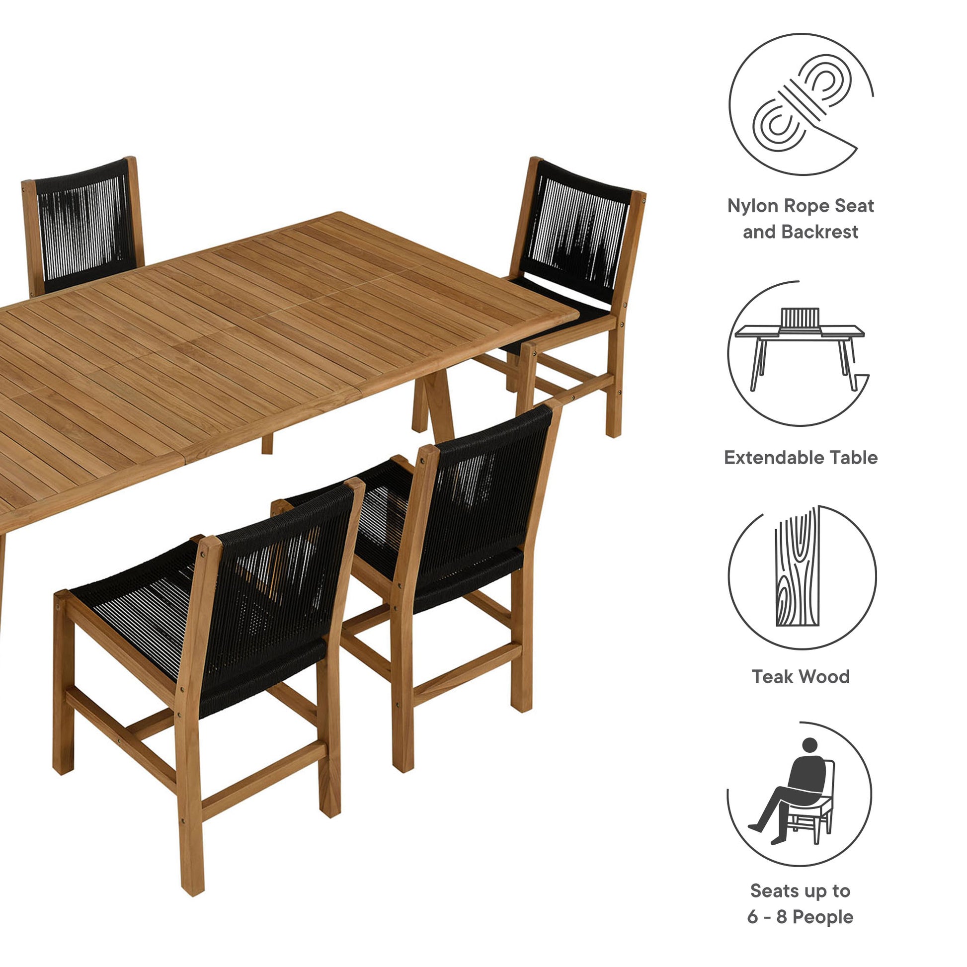 Teak wood extendable dining table with six black nylon rope seat-back chairs; natural finish, seats 6–8.