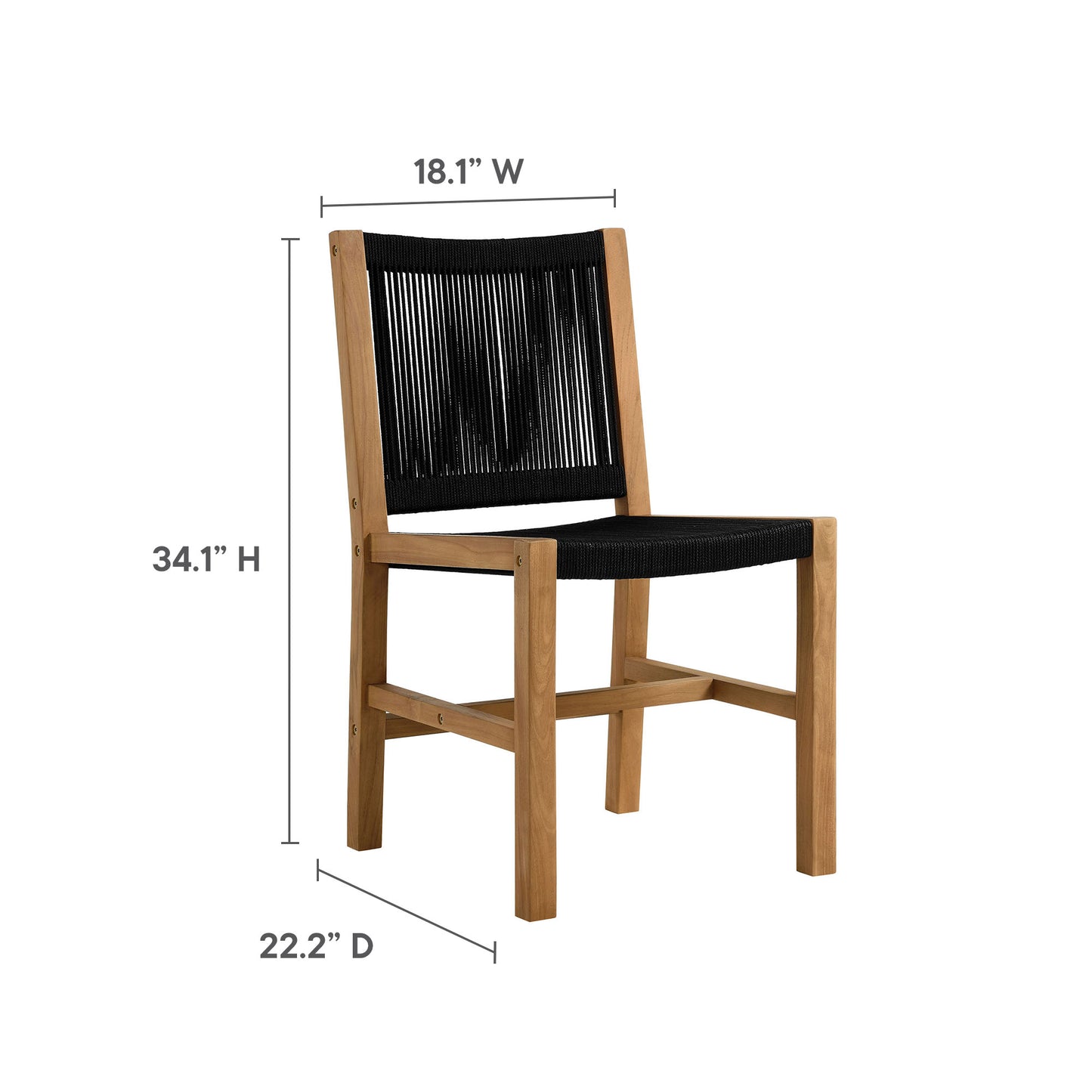 Natural wood dining chair with black woven rope back & seat; 34.1 in H, 18.1 in W, 22.2 in D.