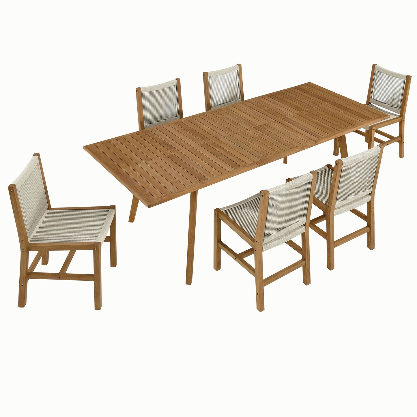 Natural wood rectangular dining table with slatted top & six light gray woven-back chairs.
