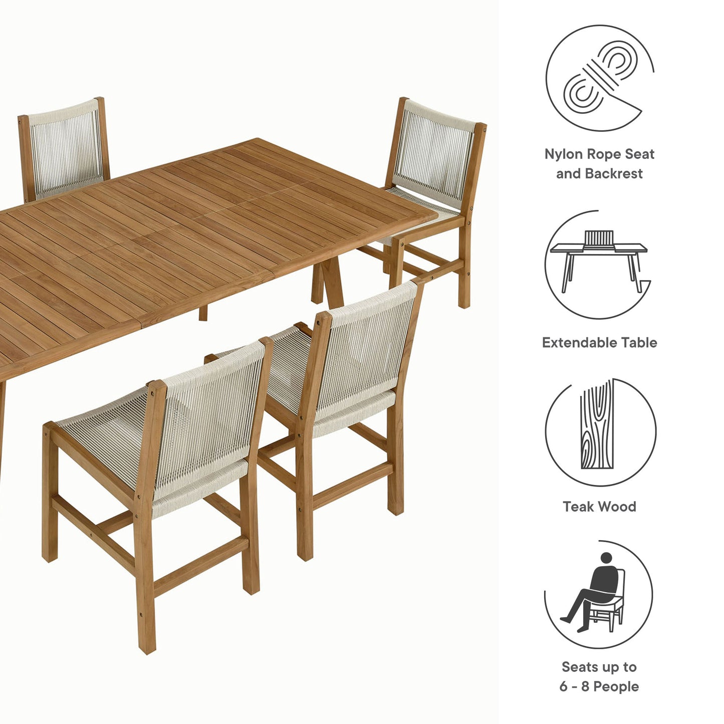 Natural teak and rope seven-piece dining set: a teak dining table and six armless chairs with nylon rope seats and backs.