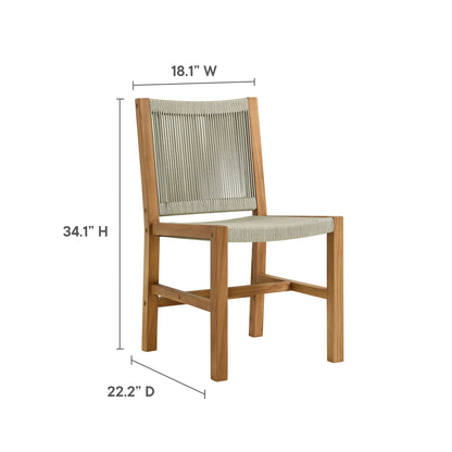 Natural finish wooden dining chair with woven rope back and seat; sturdy square legs, rustic modern style.