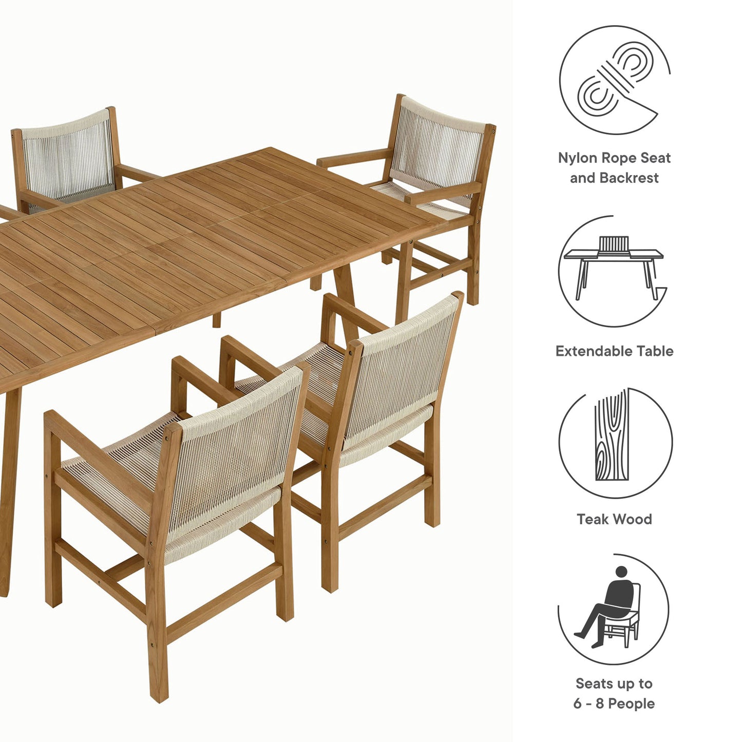 Modway - Vienna 7-Piece Outdoor Patio Teak and Rope Dining Set with Armchairs by Modway  Outdoor Furniture Bar and Dining Brown - EEI-6929-NAT-NAT
