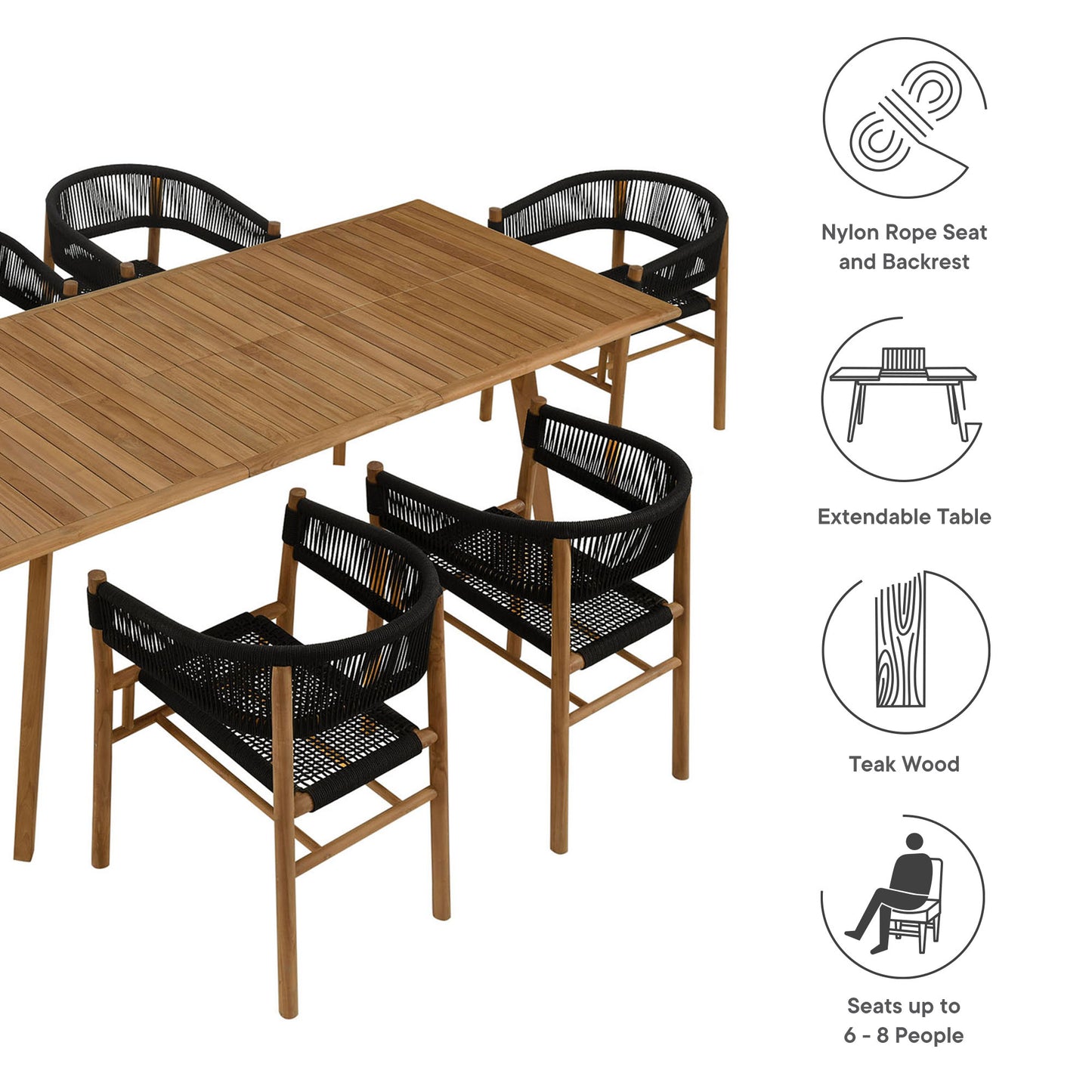 Modway - Vienna 7-Piece Outdoor Patio Teak and Rope Dining Set with Curved-Back Armchairs by Modway  Outdoor Furniture Bar and Dining Black - EEI-6930-NAT-BLK