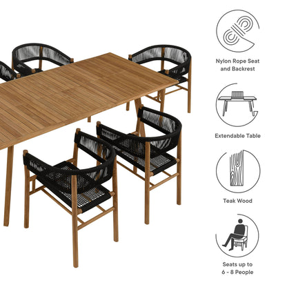 Modway - Vienna 7-Piece Outdoor Patio Teak and Rope Dining Set with Curved-Back Armchairs by Modway  Outdoor Furniture Bar and Dining Black - EEI-6930-NAT-BLK