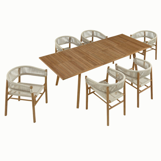 Modway - Vienna 7-Piece Outdoor Patio Teak and Rope Dining Set with Curved-Back Armchairs by Modway  Outdoor Furniture Bar and Dining Brown - EEI-6930-NAT-NAT