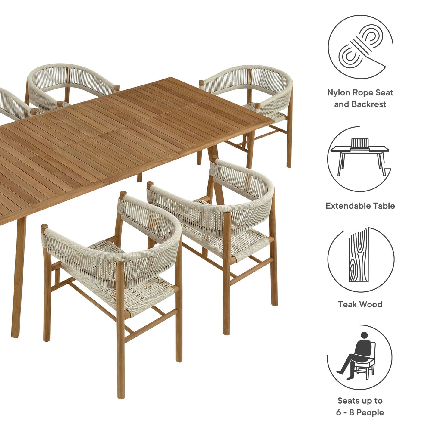 Modway - Vienna 7-Piece Outdoor Patio Teak and Rope Dining Set with Curved-Back Armchairs by Modway  Outdoor Furniture Bar and Dining Brown - EEI-6930-NAT-NAT