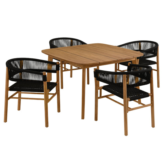 Modway - Vienna 5-Piece Outdoor Patio Teak and Rope Dining Set with Curved-Back Armchairs by Modway  Outdoor Furniture Bar and Dining Black - EEI-6933-NAT-BLK