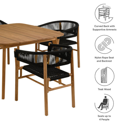 Modway - Vienna 5-Piece Outdoor Patio Teak and Rope Dining Set with Curved-Back Armchairs by Modway  Outdoor Furniture Bar and Dining Black - EEI-6933-NAT-BLK