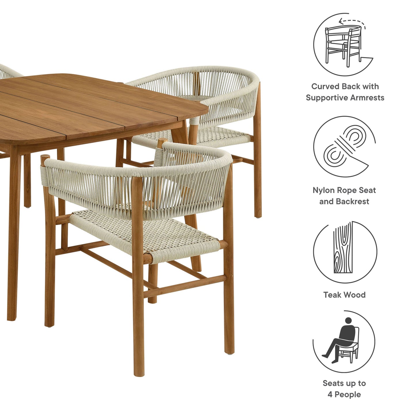 Modway - Vienna 5-Piece Outdoor Patio Teak and Rope Dining Set with Curved-Back Armchairs by Modway  Outdoor Furniture Bar and Dining Brown - EEI-6933-NAT-NAT