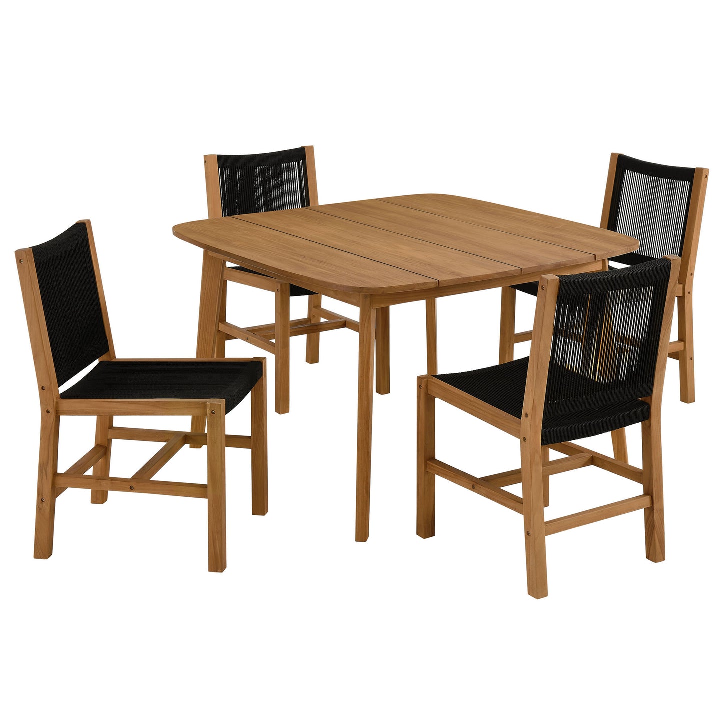 Teak outdoor dining table with four armless chairs featuring black rope-weave backs.