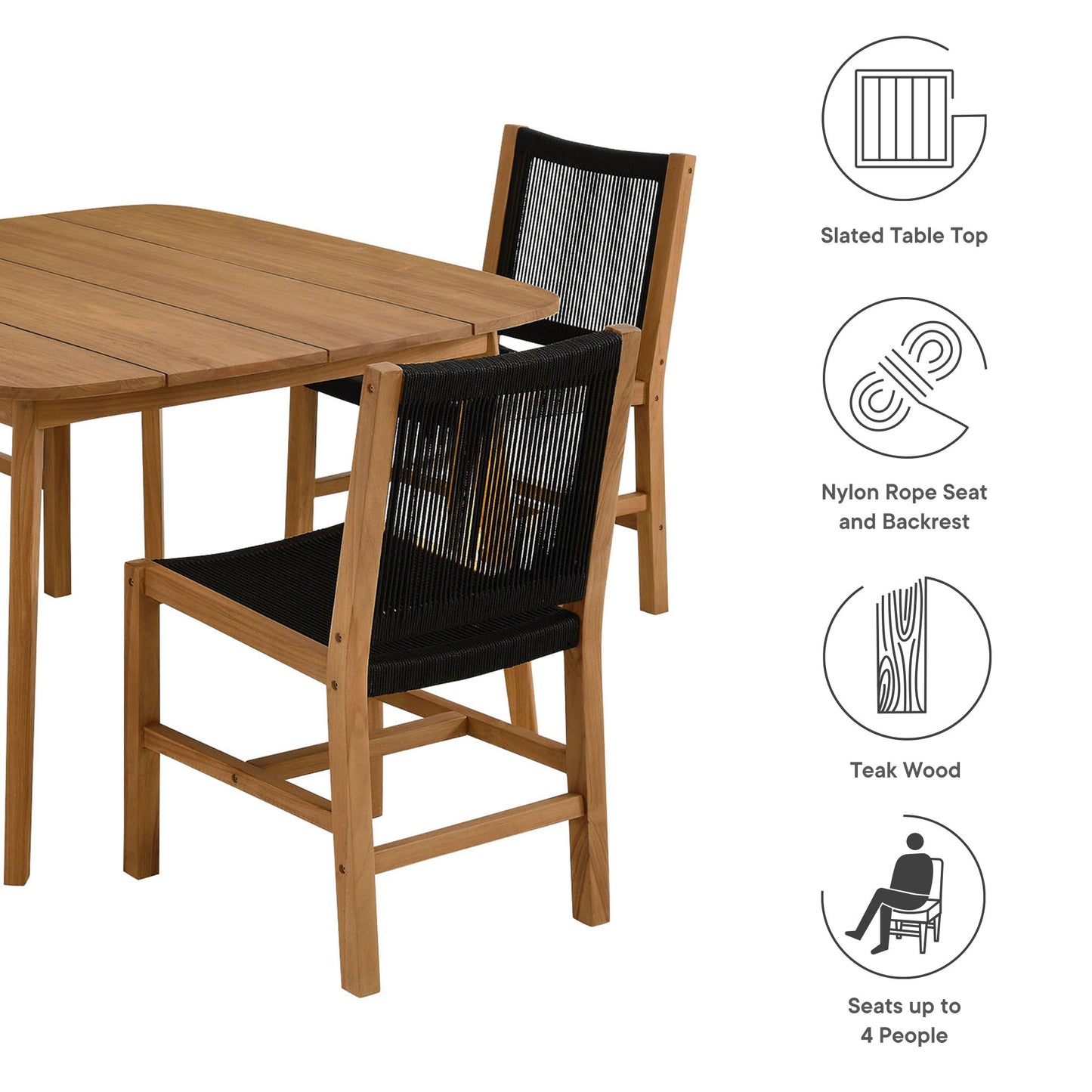 Natural teak outdoor dining set with slatted top table and black nylon rope seats and backs, seats up to 4.