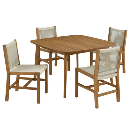 Outdoor 5-piece dining set with teak and rope accents: square table with rounded corners and four armless chairs.