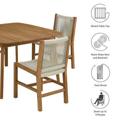 Natural teak wood outdoor dining set with a slatted table top and nylon rope seat and back chairs; seats up to 4.