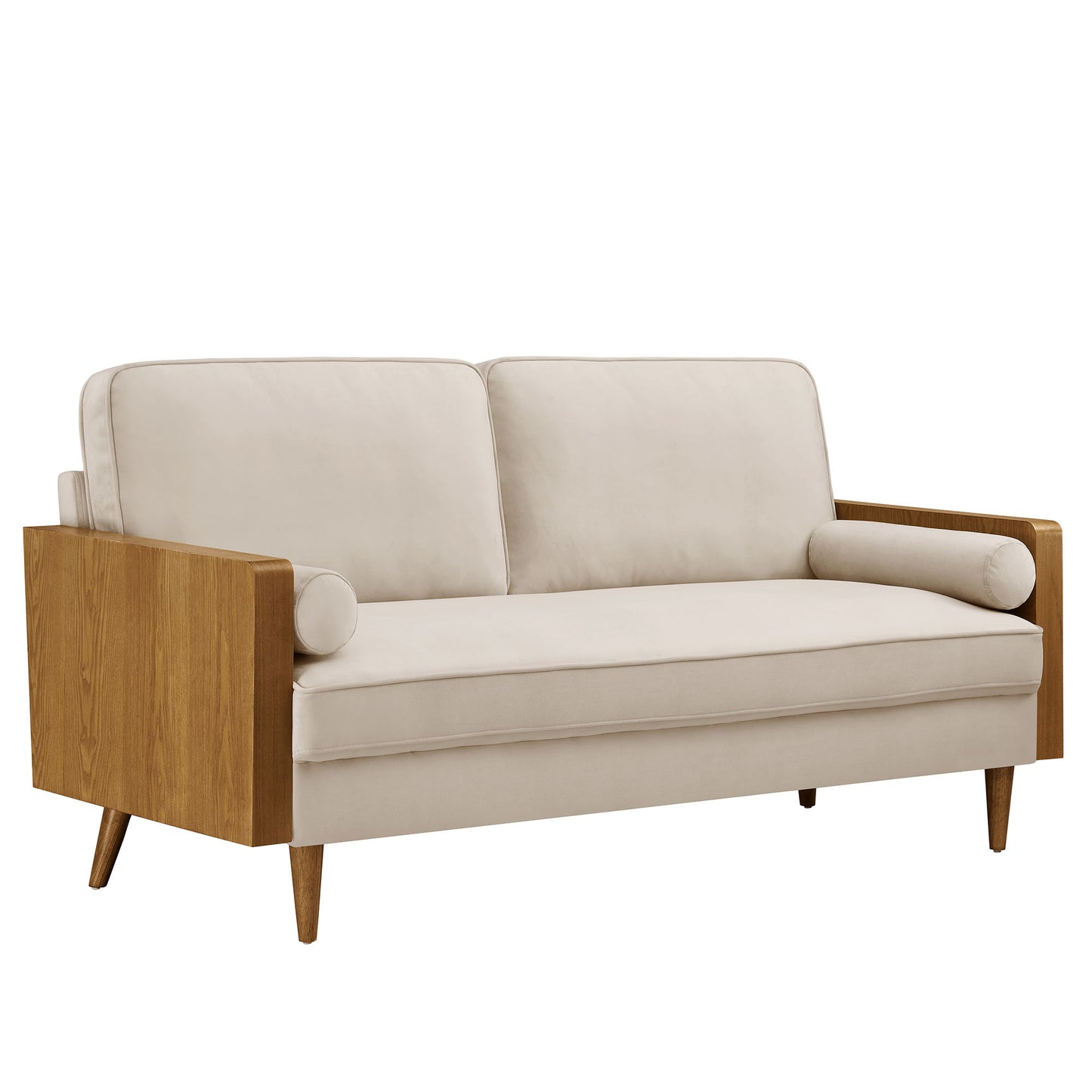 Gray velvet sofa with walnut wood frame and legs, two back cushions, round bolster armrests, mid-century modern style.