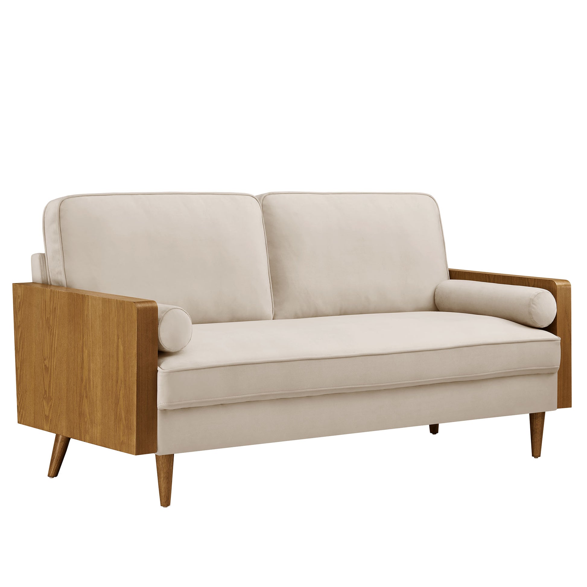 Gray velvet sofa with walnut wood frame and legs, two back cushions, round bolster armrests, mid-century modern style.