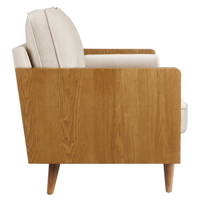 Mid-century walnut sofa with gray velvet upholstery and tapered wooden legs.