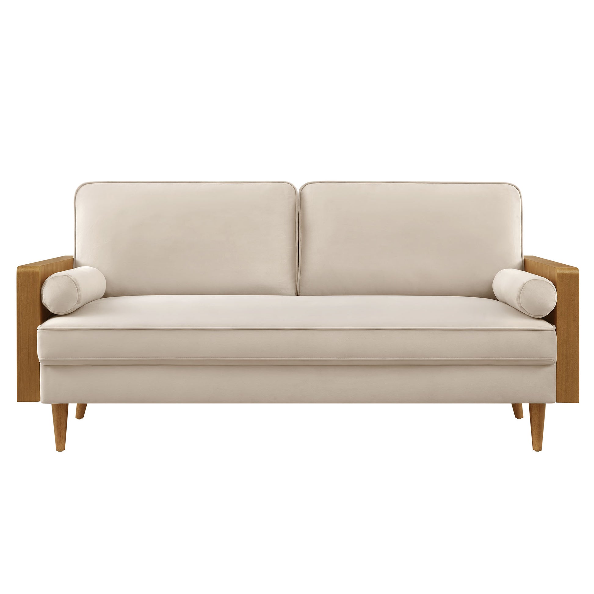 Gray velvet mid-century sofa with walnut wood arms & tapered legs, two back cushions & cylindrical bolster pillows.