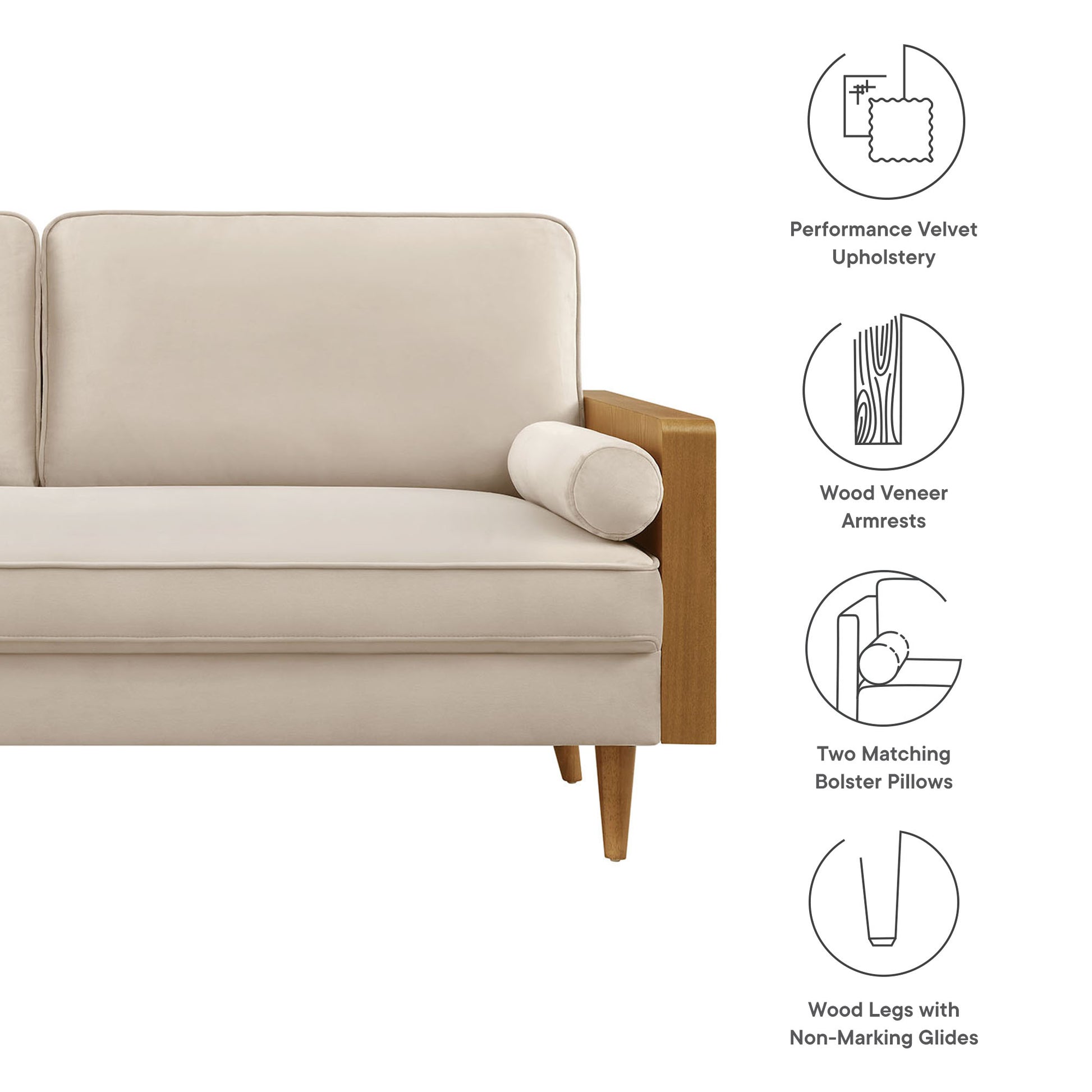 Kellan sofa in gray performance velvet with walnut wood armrests & legs, two bolster pillows, mid-century modern style.