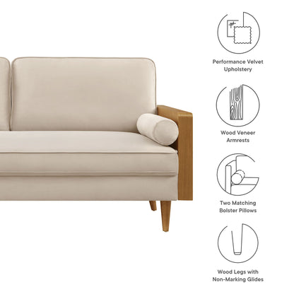 Kellan sofa in gray performance velvet with walnut wood armrests & legs, two bolster pillows, mid-century modern style.
