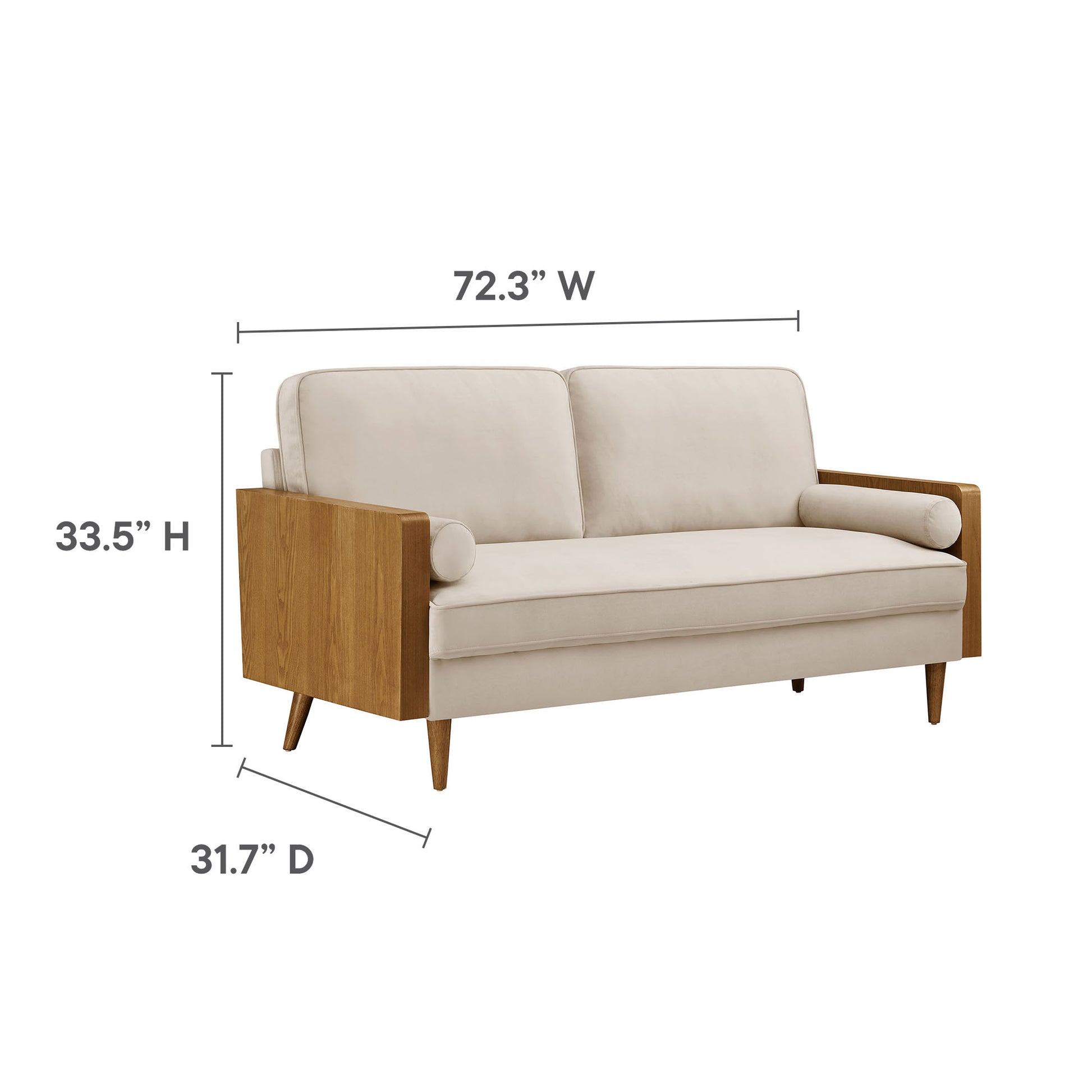 Kellan mid-century sofa with walnut wood frame, gray velvet upholstery, end bolsters, and tapered legs.
