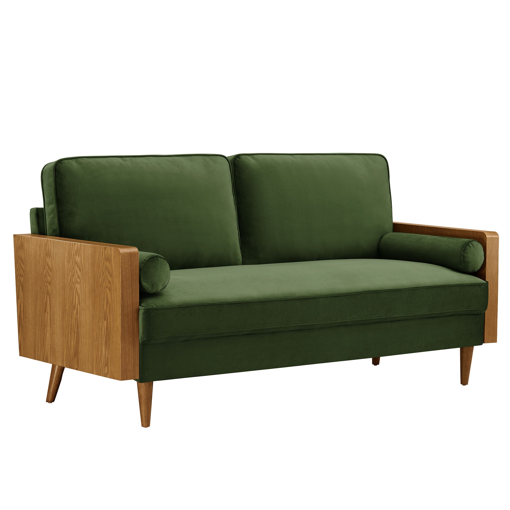 Mid-century modern green velvet sofa with walnut wood frame, back cushions, bolster pillows, and tapered legs.