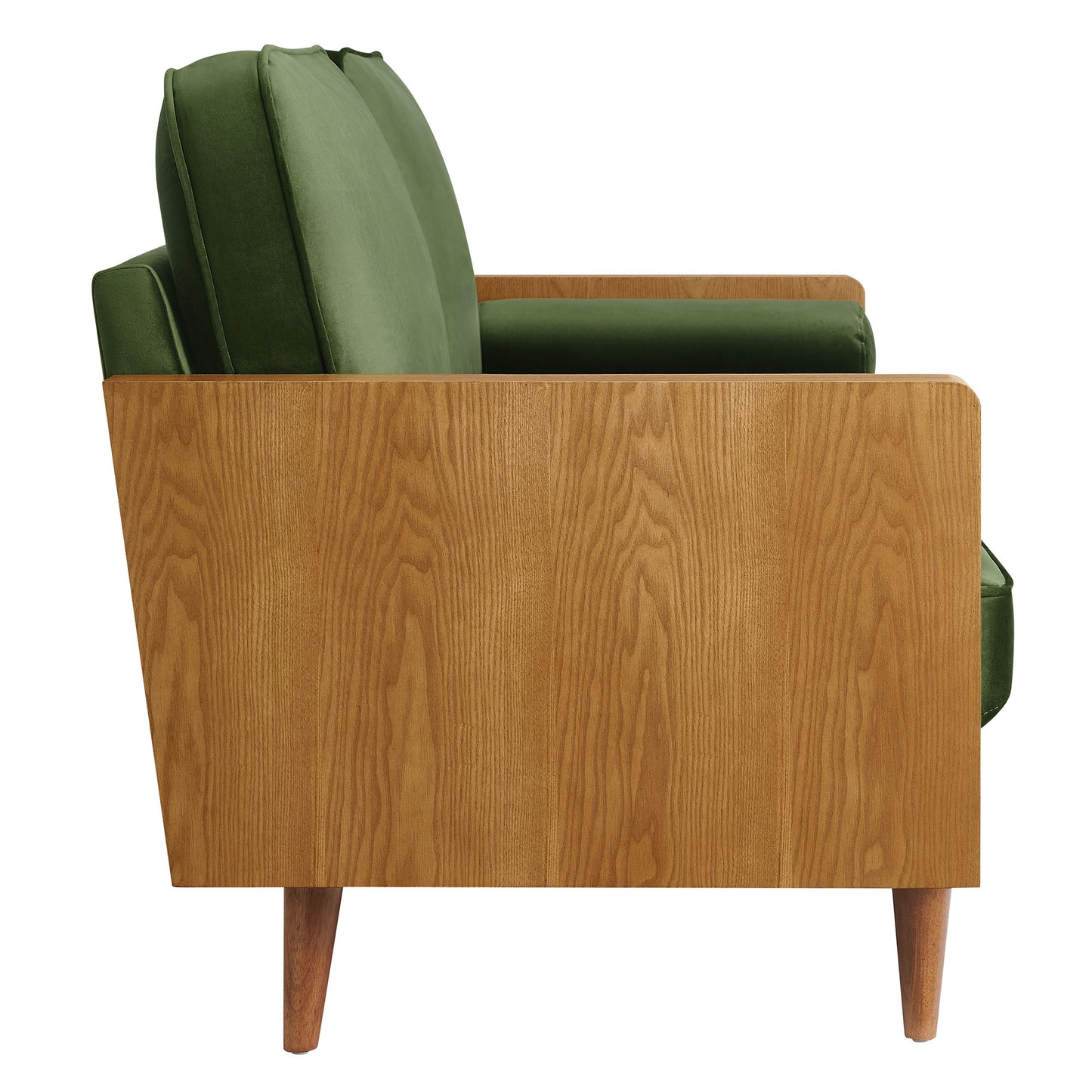 Mid-century modern sofa with walnut wood frame and olive-green velvet cushions.