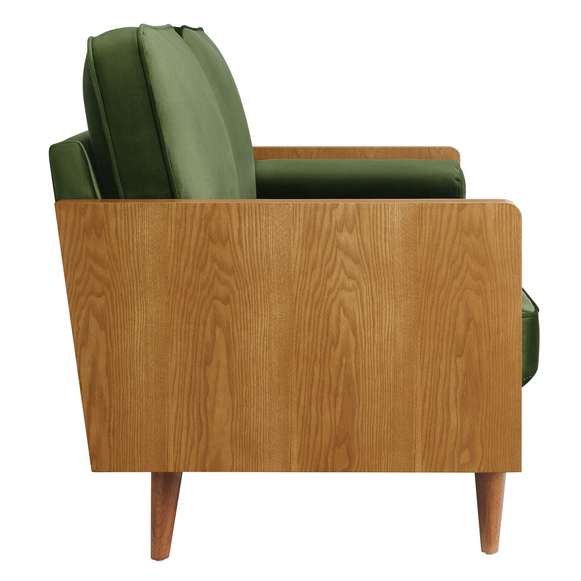 Mid-century modern sofa with walnut wood frame and olive-green velvet cushions.