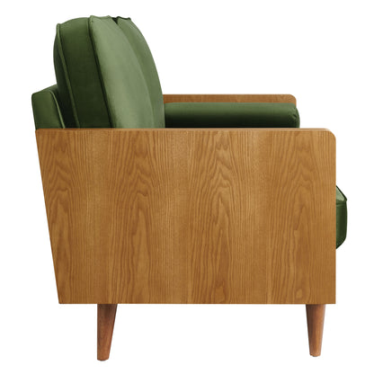 Mid-century modern sofa with walnut wood frame and olive-green velvet cushions.