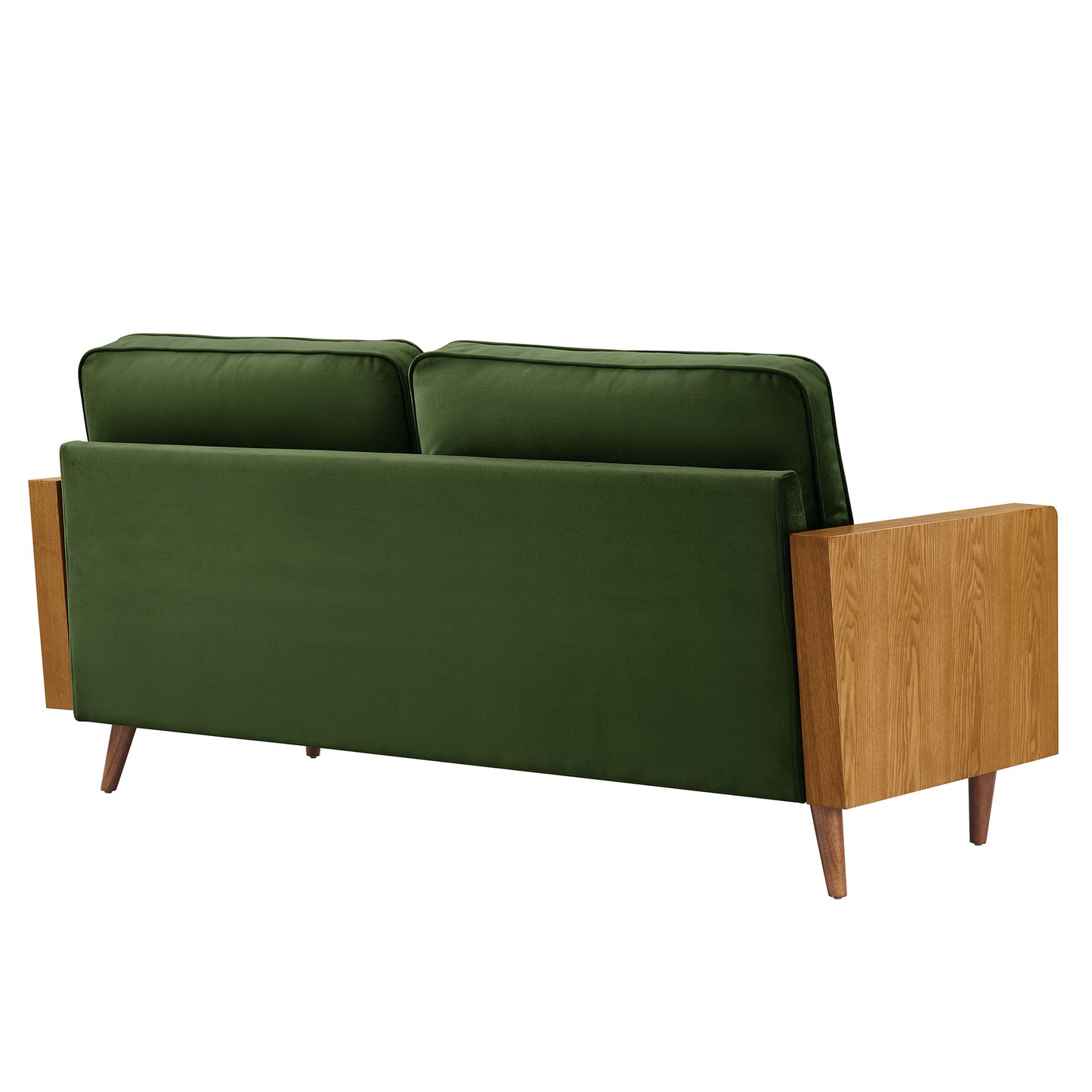 Green velvet sofa with walnut wood end panels & tapered legs; mid-century modern living room seating.